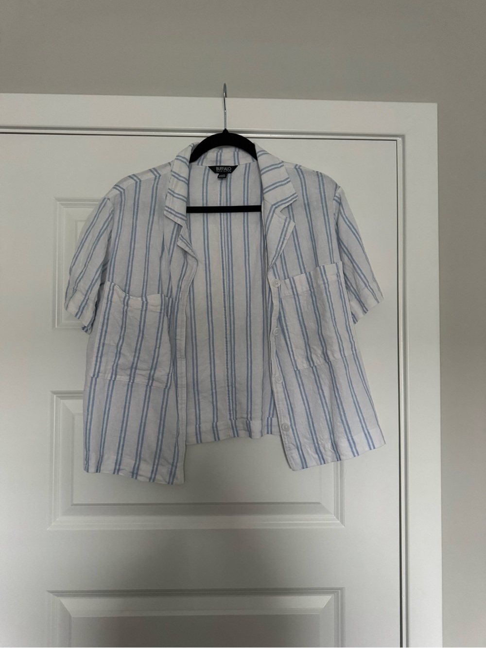 Buffalo David Bitton White and Light Blue Striped Short-Sleeve Button Down